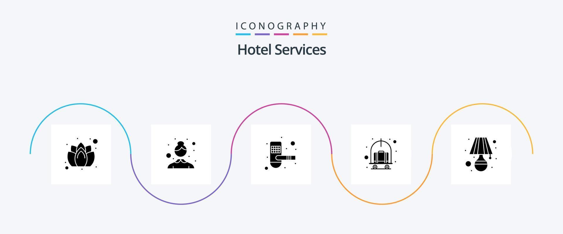 paquete de iconos de glifo 5 de servicios de hotel que incluye habitación. lámpara. hotel. carretilla. hotel vector
