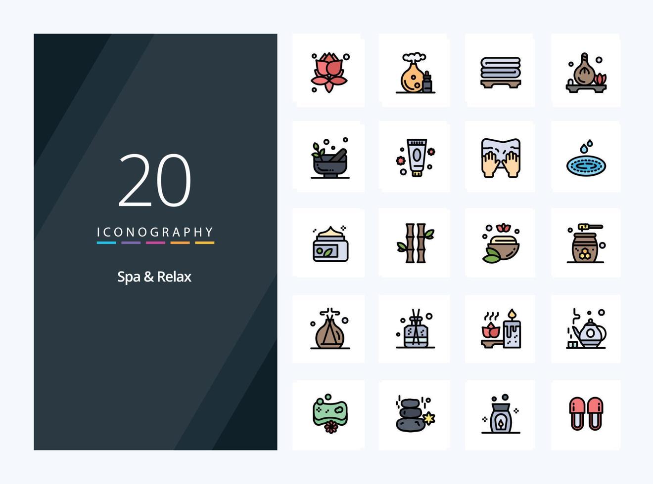 20 iconos llenos de línea de spa y relajación para la presentación vector