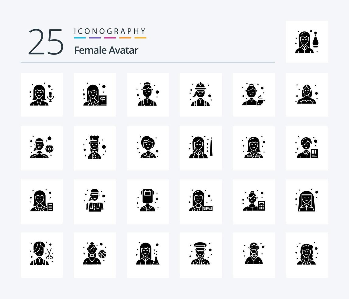 avatar femenino paquete de iconos de 25 glifos sólidos que incluye cocinero. técnico. femenino. femenino. electricista vector