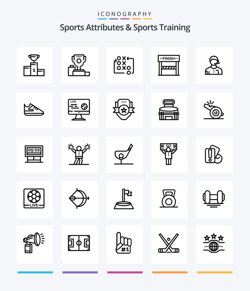 Atributos deportivos creativos y entrenamiento deportivo 25 paquete de iconos de contorno como el juez de línea. fútbol. táctica. árbitro. deporte vector