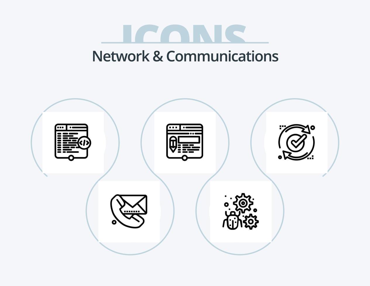 Network And Communications Line Icon Pack 5 Icon Design. page. edit. hand. gear. bug vector