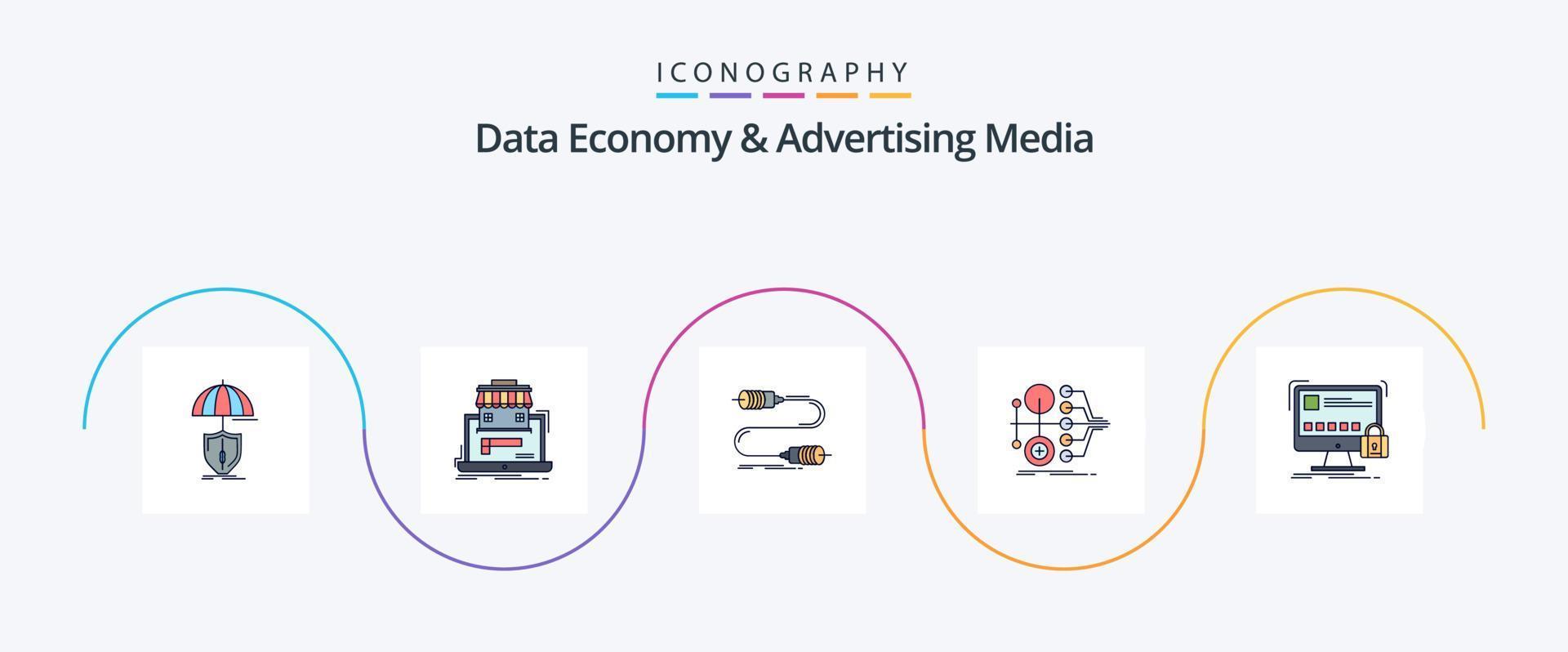 la economía de datos y la línea de medios publicitarios llenaron un paquete de iconos planos 5 que incluye dinero. monetización datos. cable. interacción vector