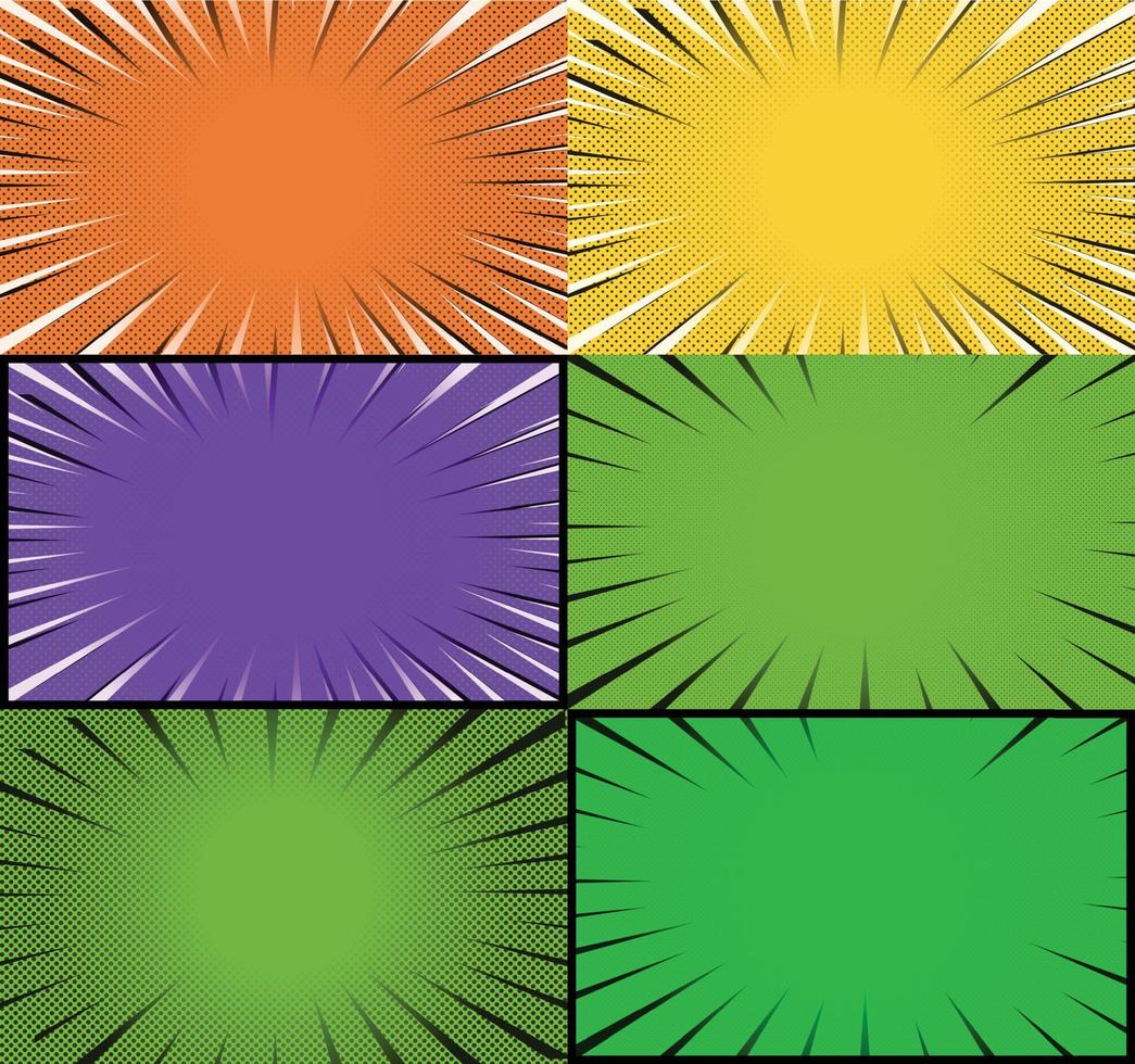 Comic book colorful frames background with halftone rays radial and dotted effects pop art style vector
