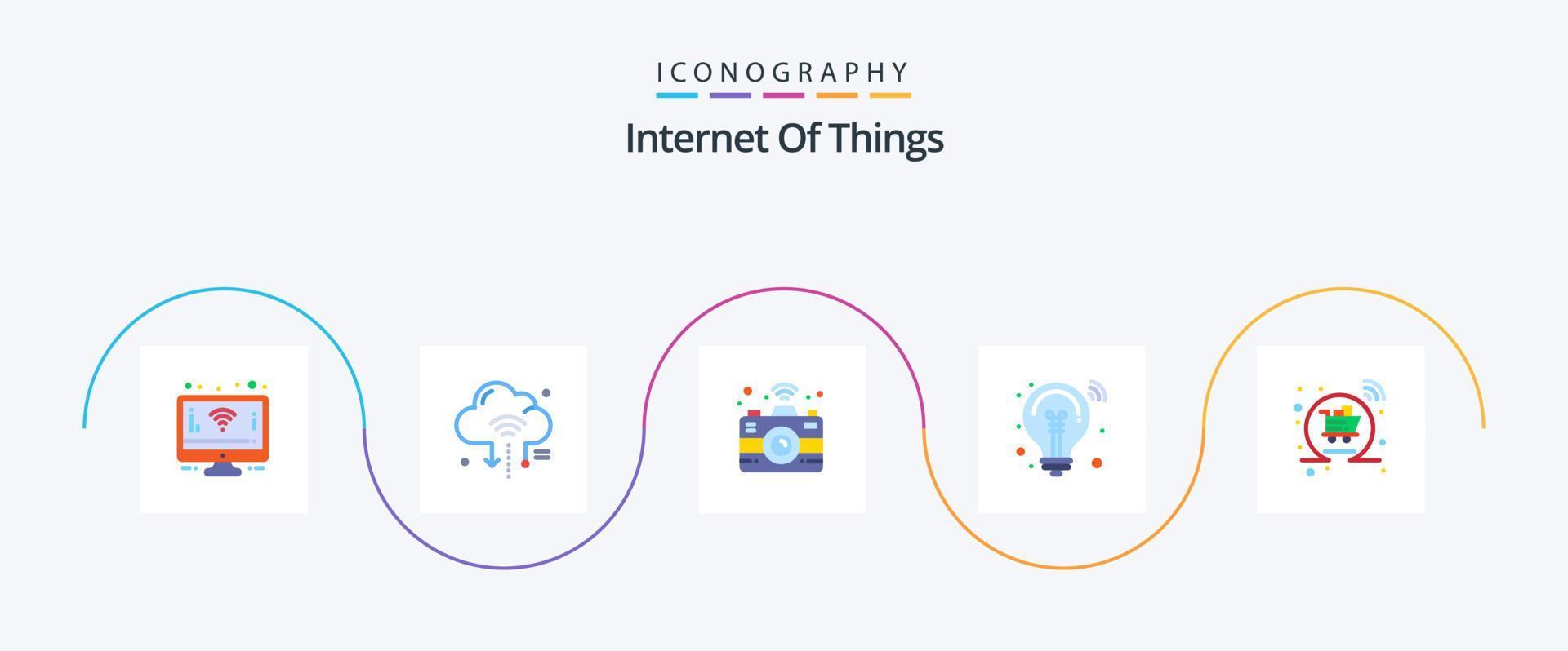 Internet Of Things Flat 5 Icon Pack Including online. basket. camera. smart solution. idea vector