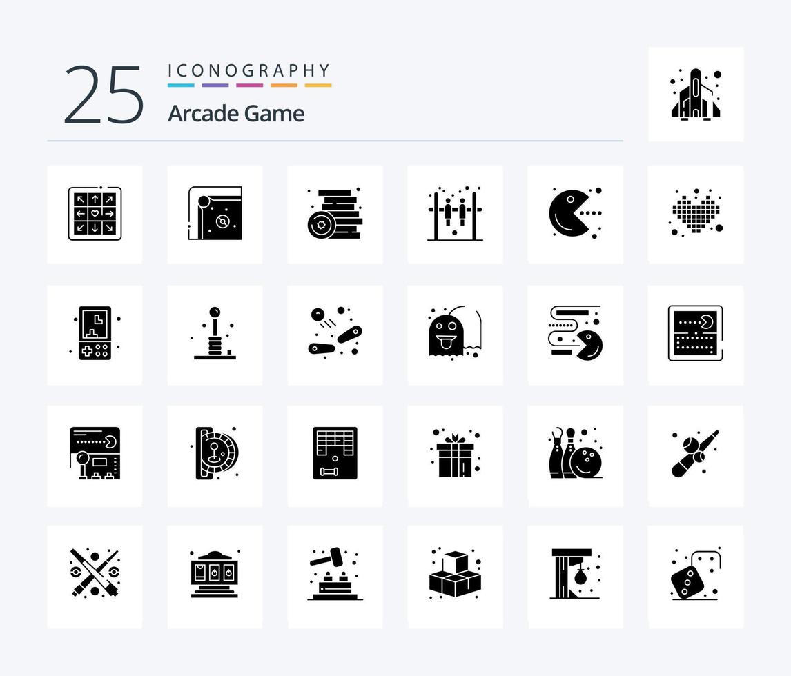 paquete de iconos de glifos sólidos arcade 25 que incluye el juego. pac-man juegos. hockey. bar vector