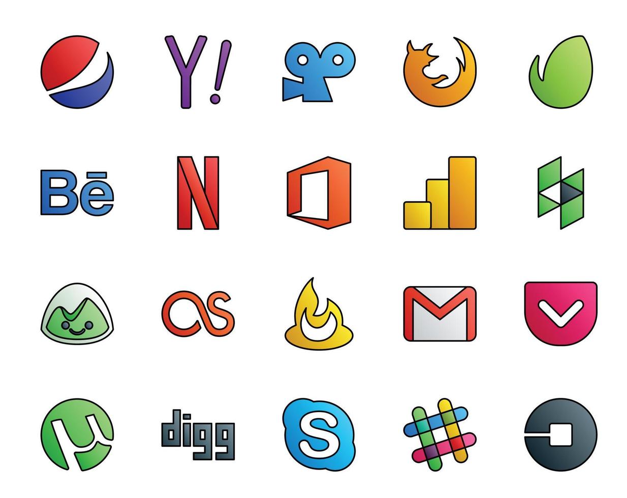 20 Social Media Icon Pack Including mail gmail netflix feedburner basecamp vector
