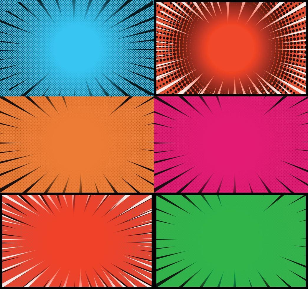 Comic book colorful frames background with halftone rays radial and dotted effects pop art style vector