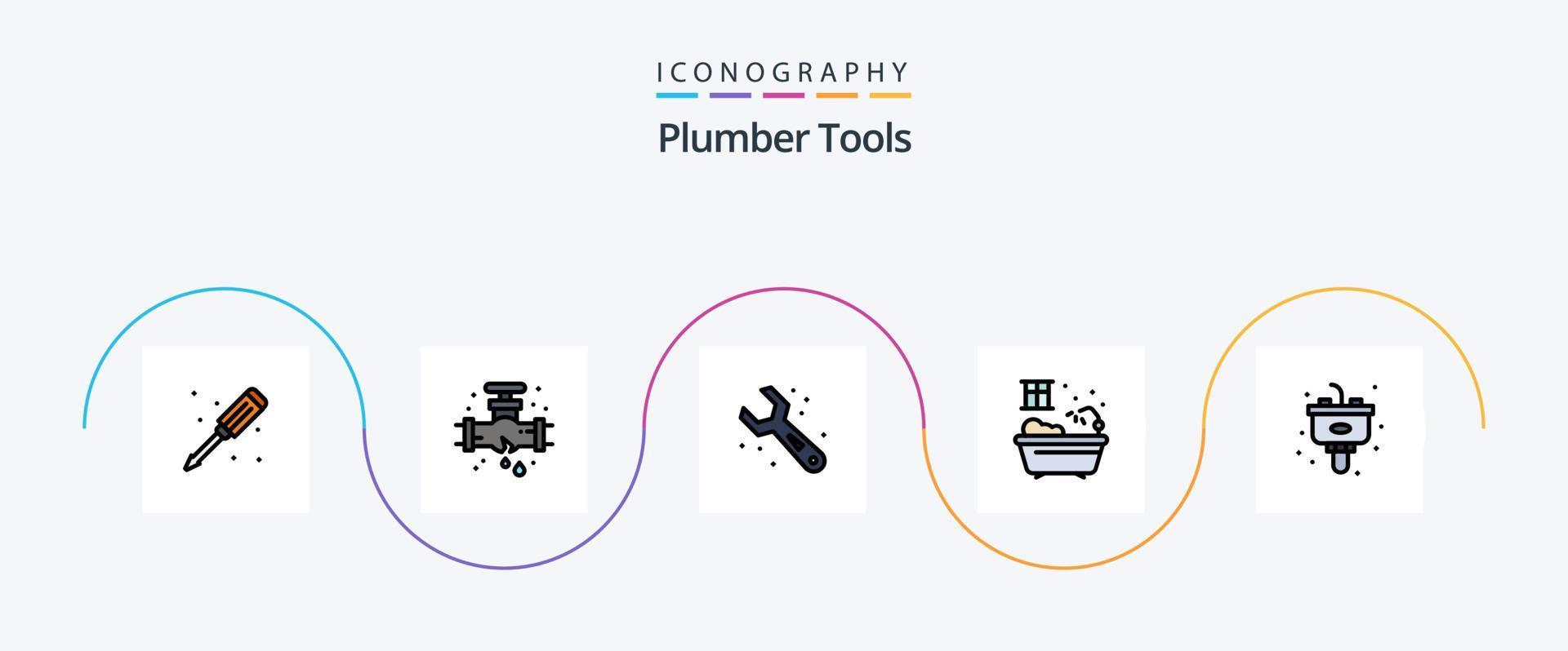 la línea de fontanero llenó el paquete de iconos flat 5 que incluye la cocina. desecho. ajustable. agua. baño vector