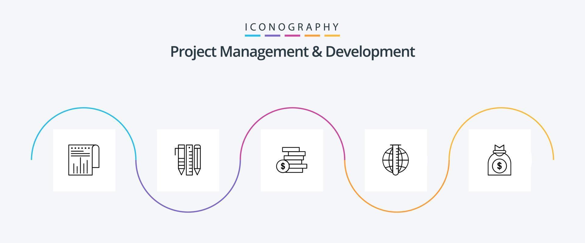 Project Management And Development Line 5 Icon Pack Including research. data. pen. analysis. money vector