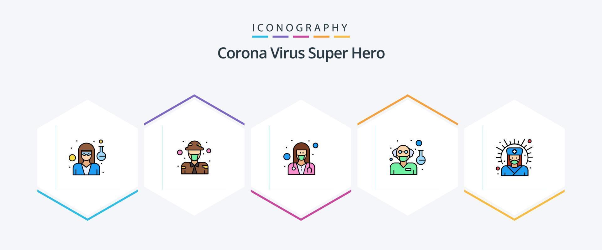 corona virus super hero 25 paquete de iconos de línea completa que incluye al médico. científico. femenino. profesor. médico vector