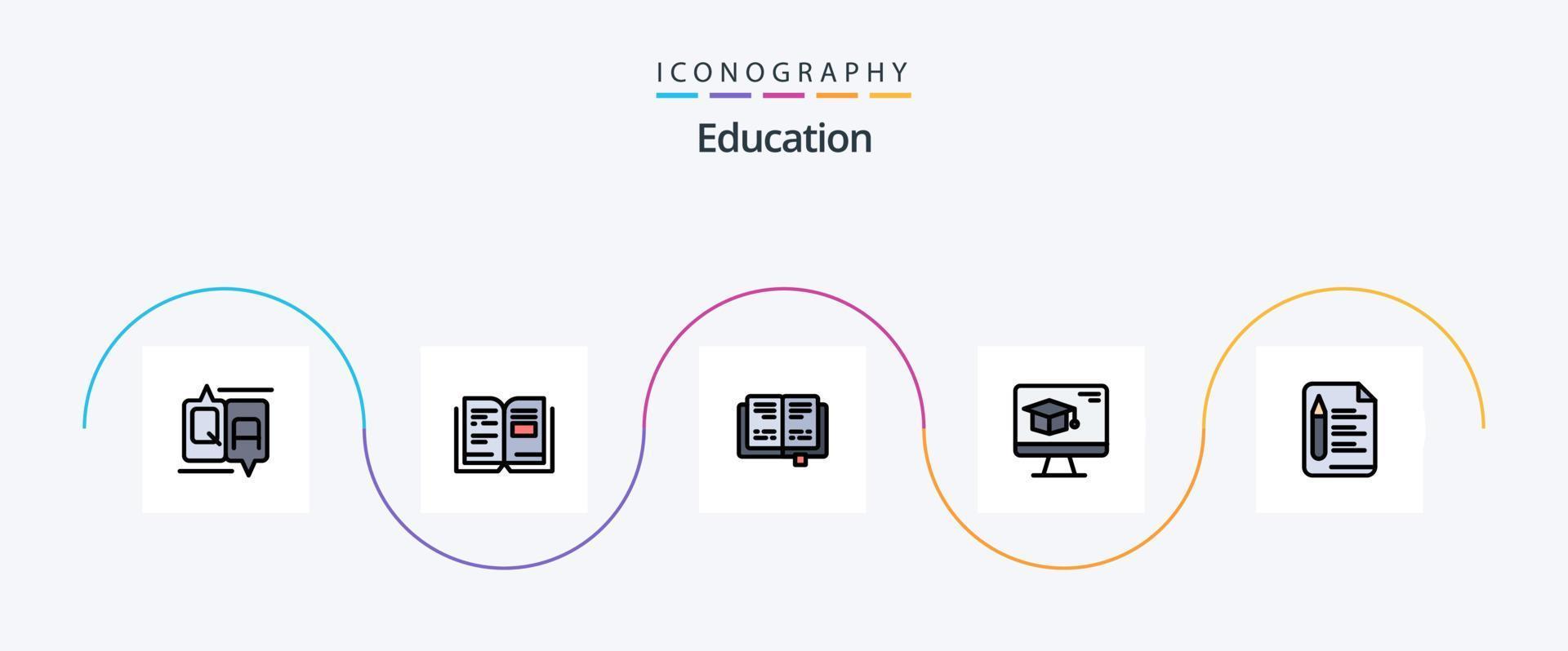 la línea de educación llenó el paquete de iconos planos 5 que incluye educación. archivo. libro. graduación. gorra vector