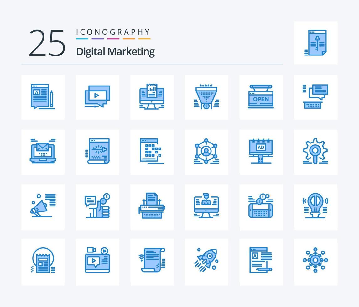 marketing digital 25 paquete de iconos de color azul que incluye embudo. filtrar. video. datos. computadora portátil vector