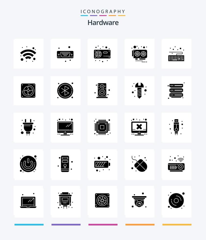 paquete de iconos de hardware creativo de 25 glifos en negro sólido, como el teclado. tarjeta de video. admirador. video. tarjeta vector