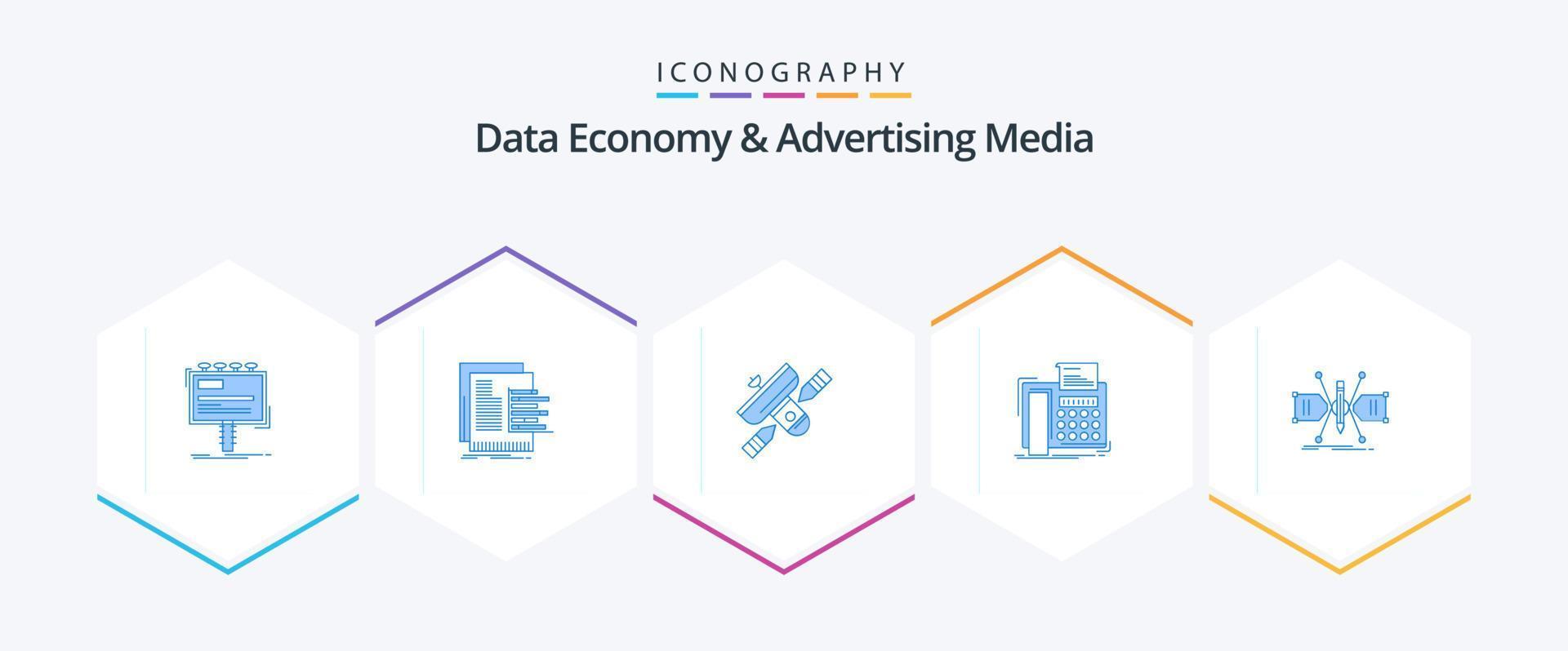 economía de datos y medios publicitarios 25 paquete de iconos azules que incluye teléfono. fax. informes. transmisor. radio vector