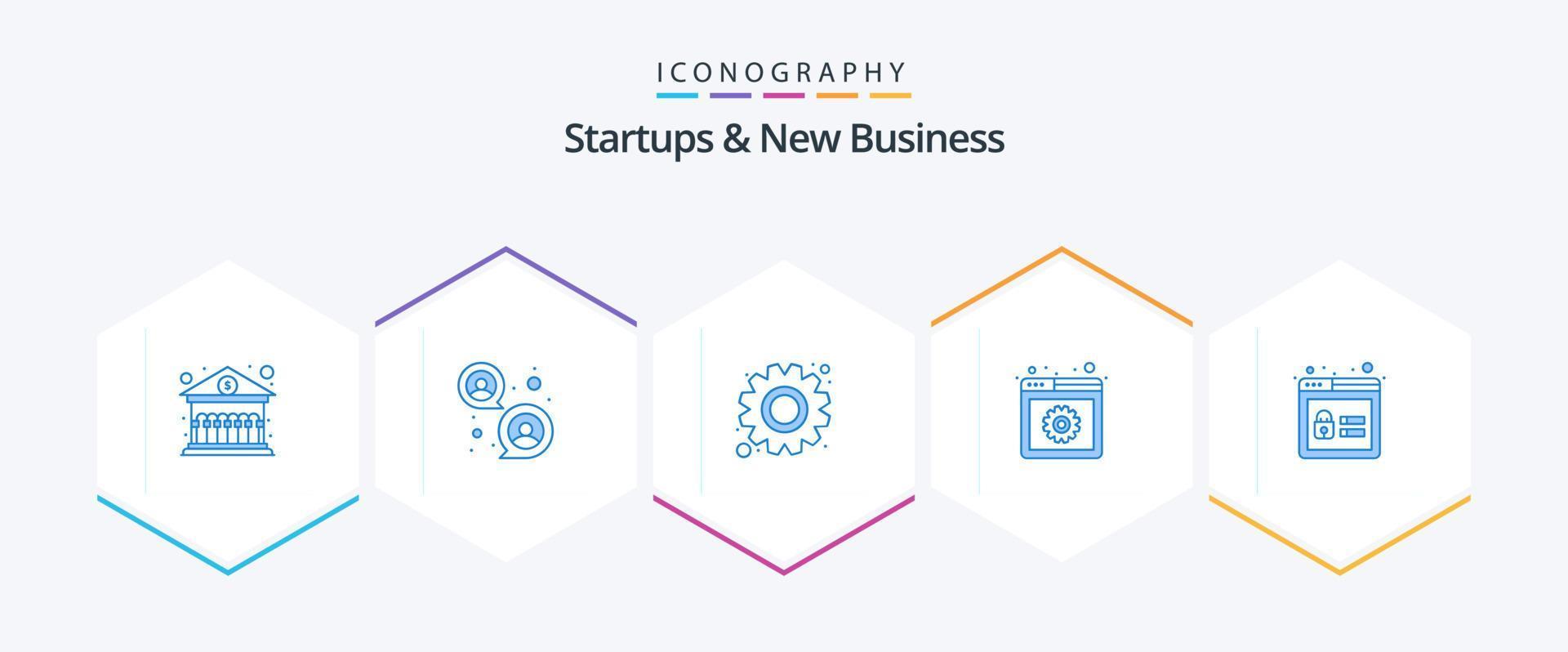 Startups And New Business 25 Blue icon pack including . profile. gear. lock. web management vector