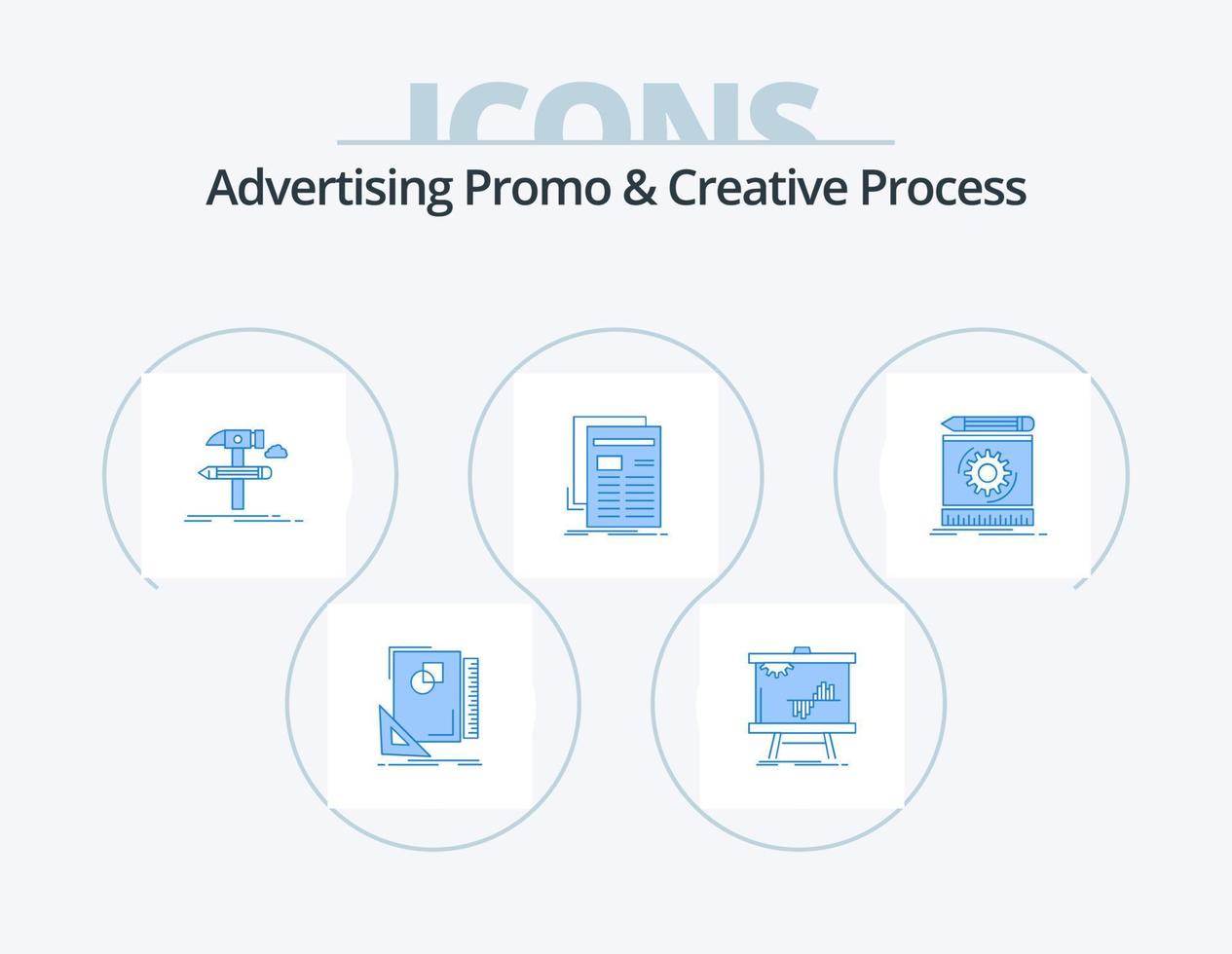 Advertising Promo And Creative Process Blue Icon Pack 5 Icon Design. news. gazette. graph. tools. develop vector