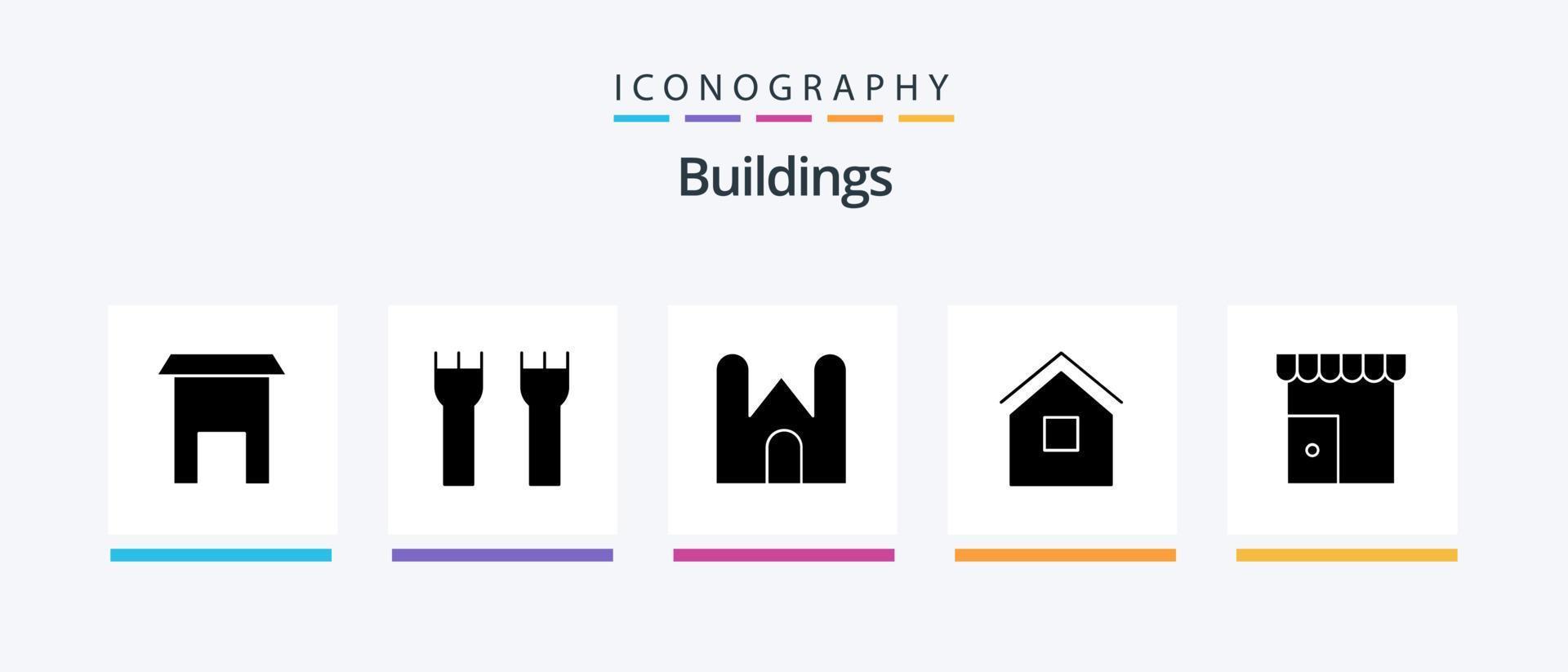 Buildings Glyph 5 Icon Pack Including shop. institute building. medieval. building. hut. Creative Icons Design vector