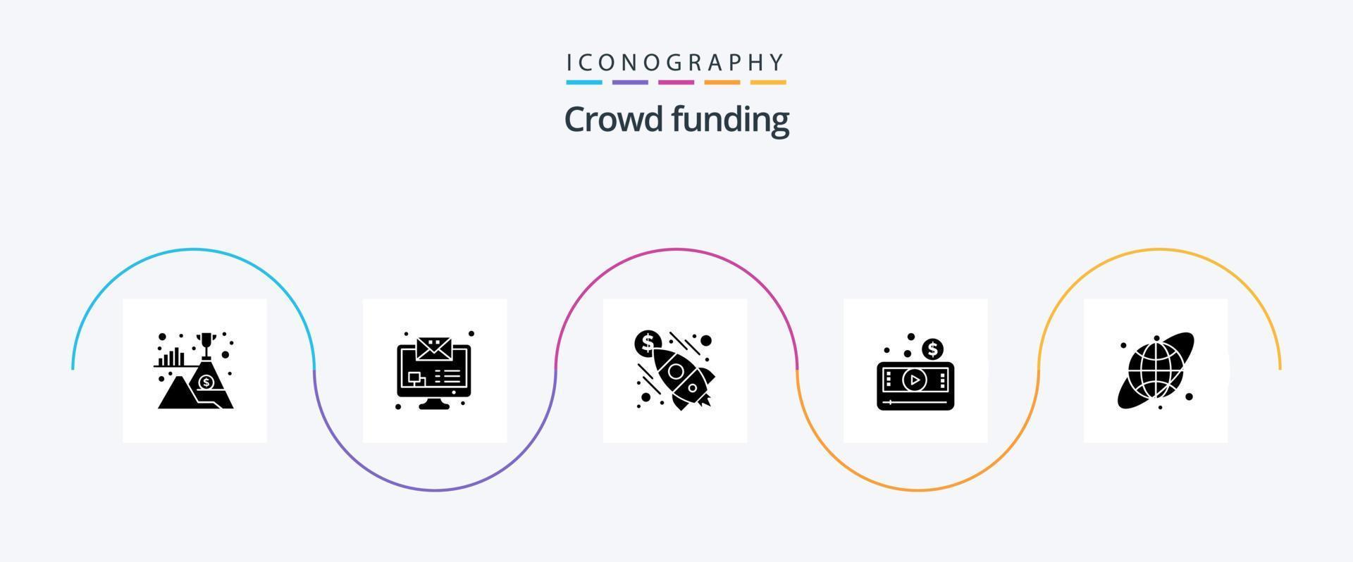 paquete de iconos de glifo 5 de crowdfunding que incluye cuadrícula circular. video. lanzamiento. pag. medios de comunicación vector