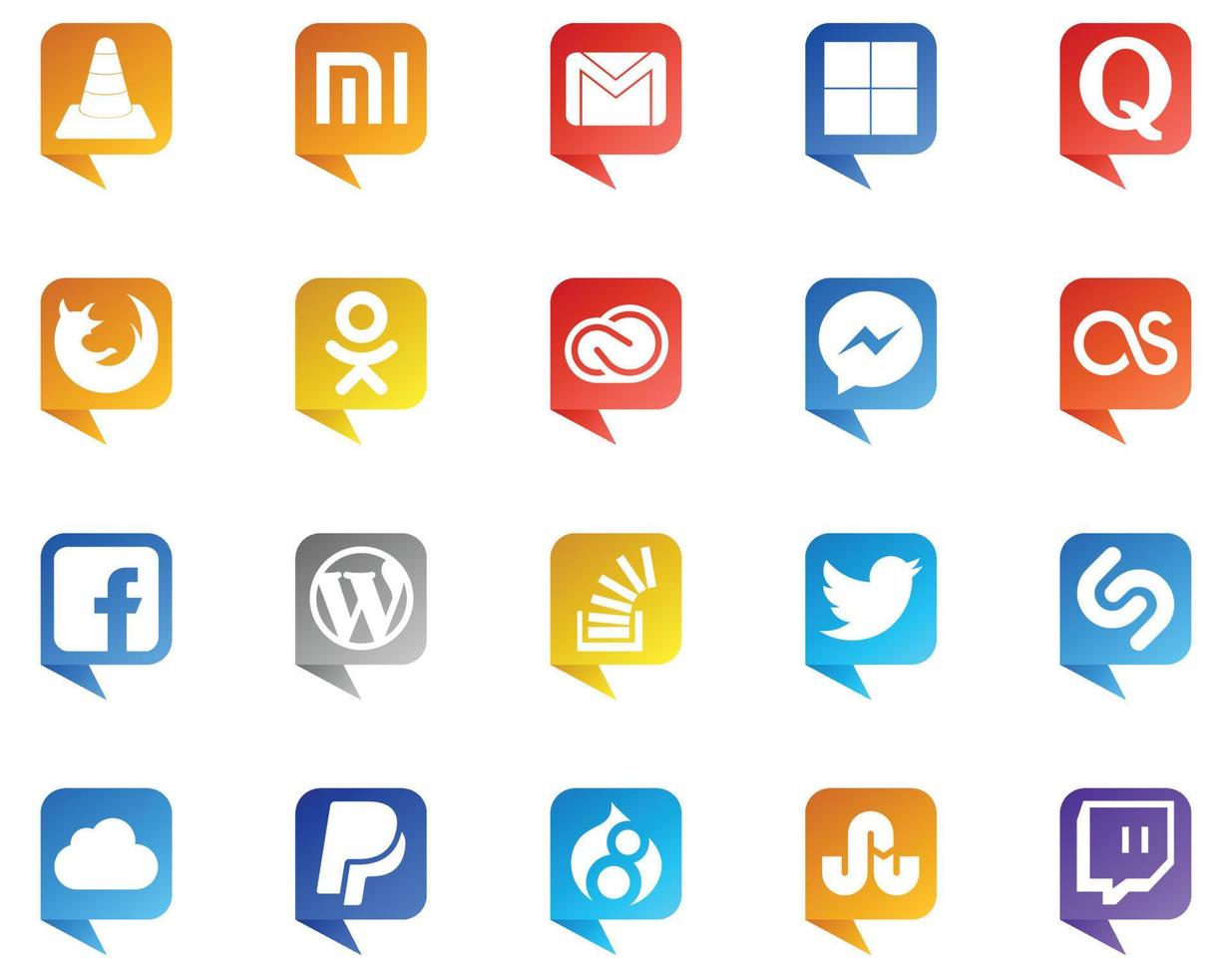 20 logotipos de estilo de burbujas de discurso de redes sociales como lastfm adobe quora cc odnoklassniki vector