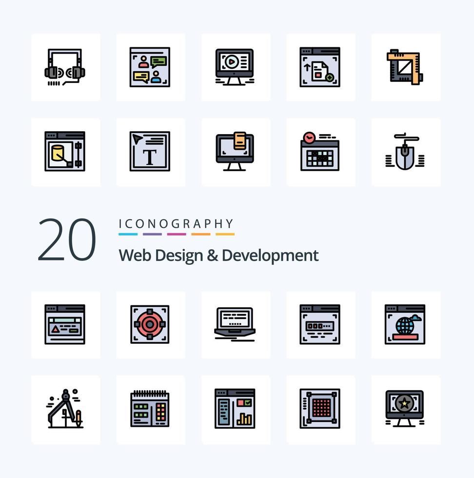 Paquete de 20 iconos de color llenos de línea de diseño y desarrollo web como interfaz de página web del monitor objetivo de éxito vector