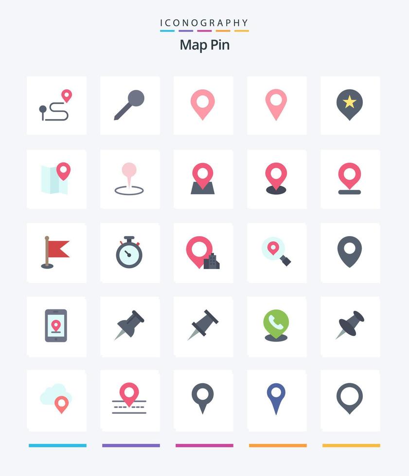 mapa creativo pin 25 paquete de iconos planos como pin. mapa. ubicación. ubicación. mirar fijamente vector