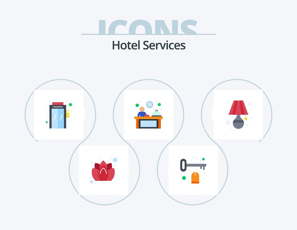 servicios de hotel paquete de iconos planos 5 diseño de iconos. habitación. lámpara. ascensor. recepción. hotel vector