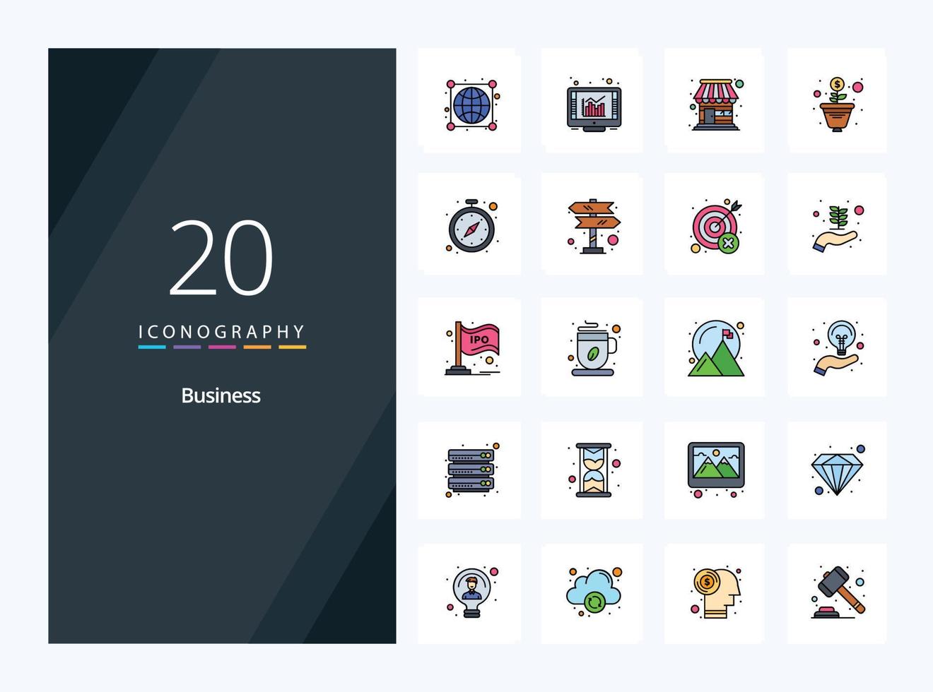 20 icono lleno de línea de negocio para presentación vector