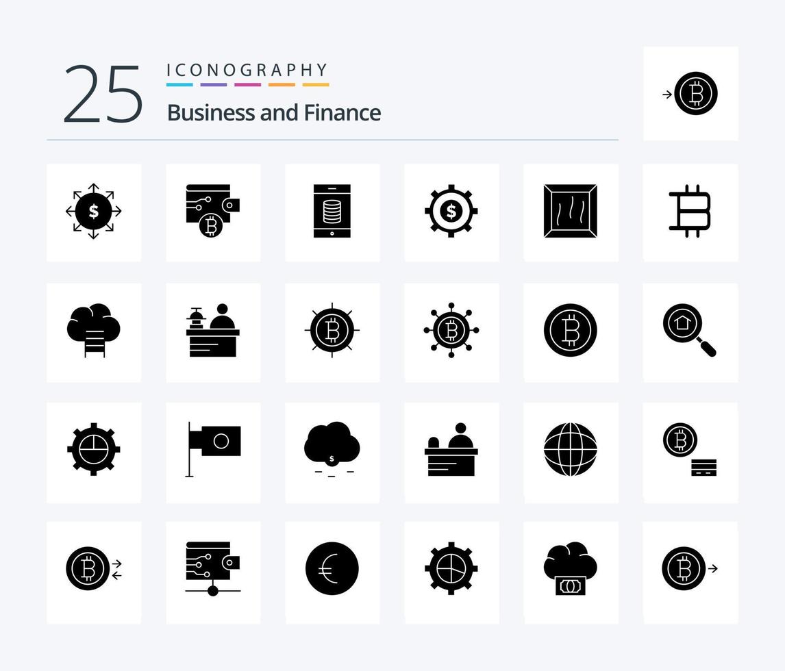 Finance 25 Solid Glyph icon pack including money. product. mobile. crate. process vector