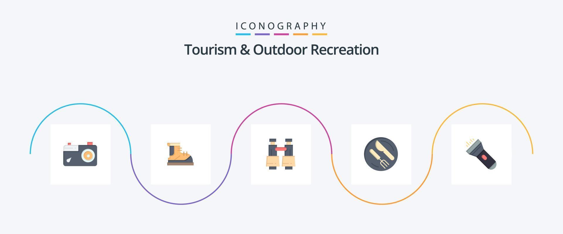 Tourism And Outdoor Recreation Flat 5 Icon Pack Including flashlight. spoon. boot. dish. vision vector