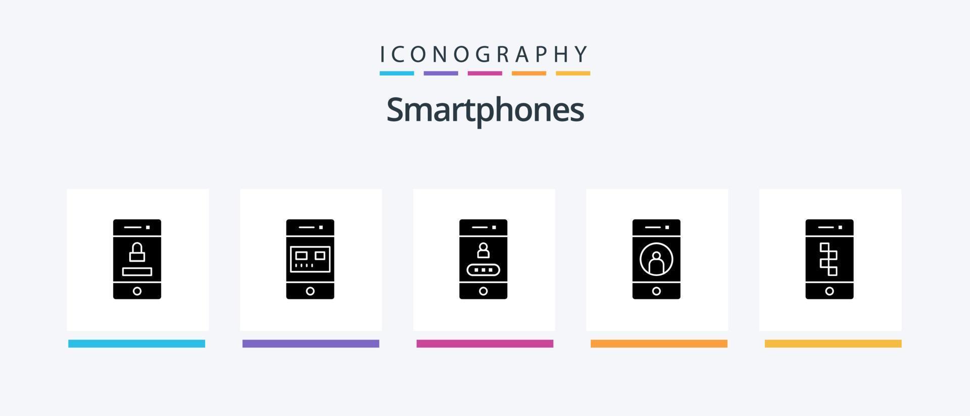 paquete de iconos de glifo 5 de teléfonos inteligentes que incluye teléfono. medios de comunicación. almacenar. amigo. seguridad. diseño de iconos creativos vector