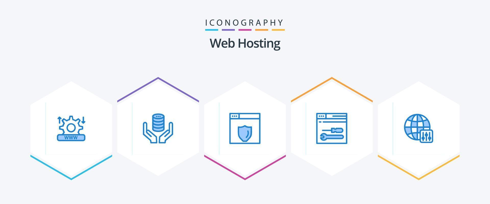 Web Hosting 25 Blue icon pack including configuration. web. server. tools. development vector