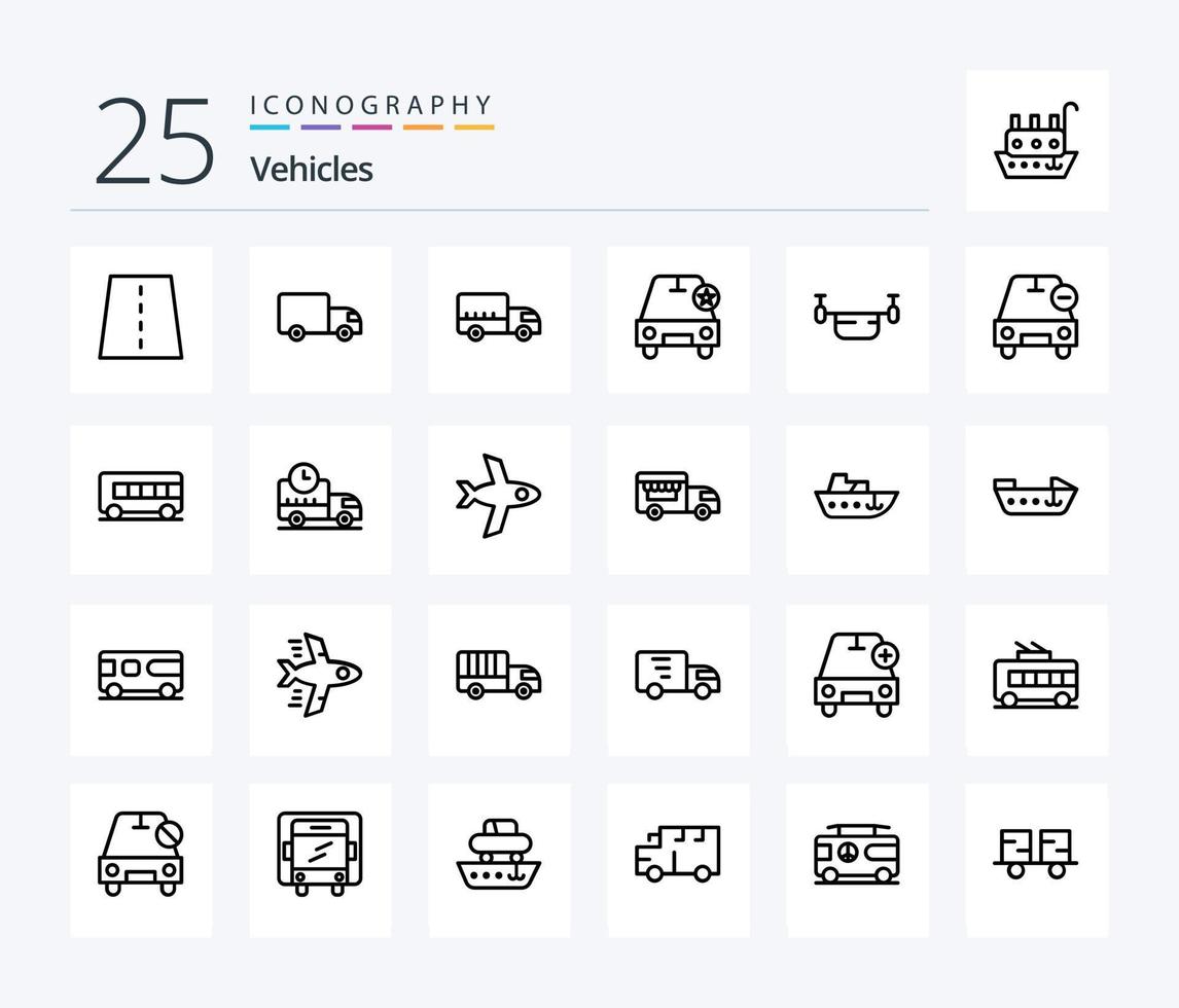 Vehicles 25 Line icon pack including vehicles. outline. truck. drone. vehicles vector