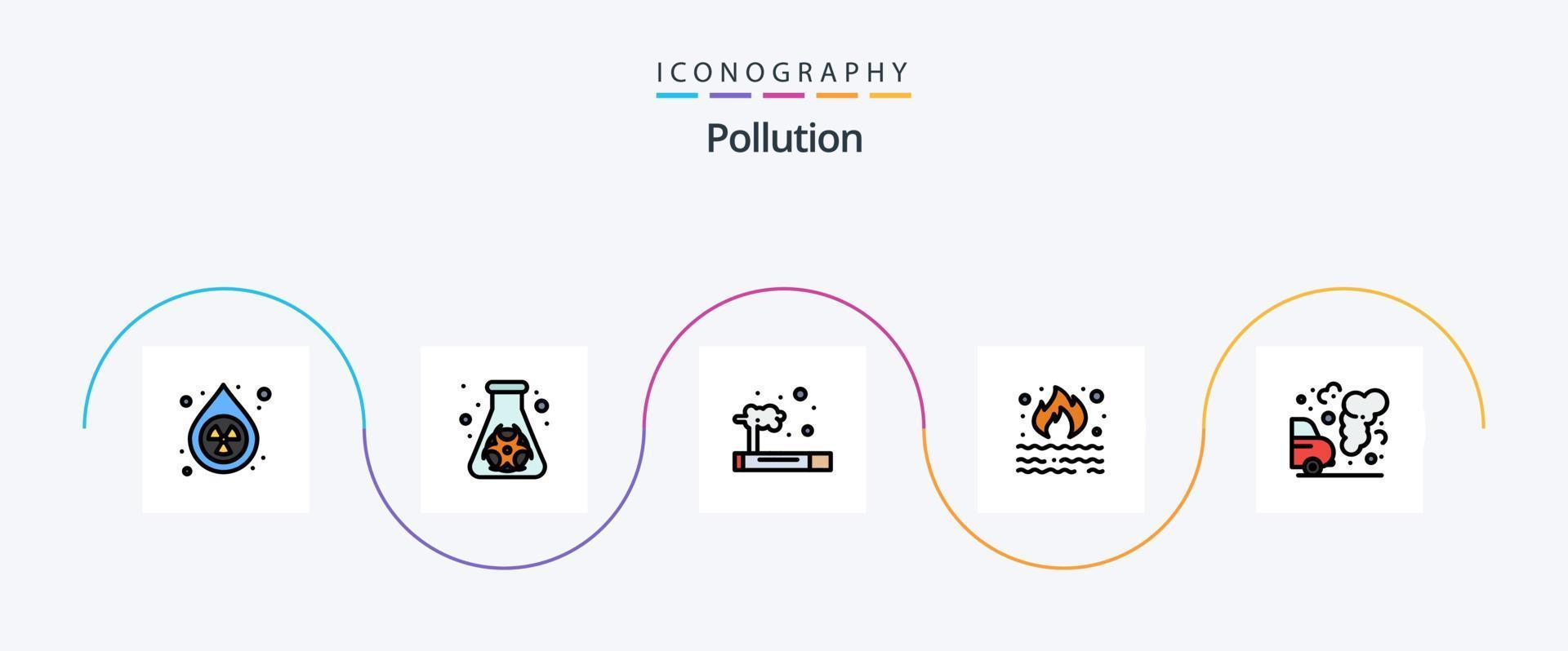 la línea de contaminación llenó el paquete de iconos planos 5 que incluye el automóvil. contaminación. gas. basura. quemar vector