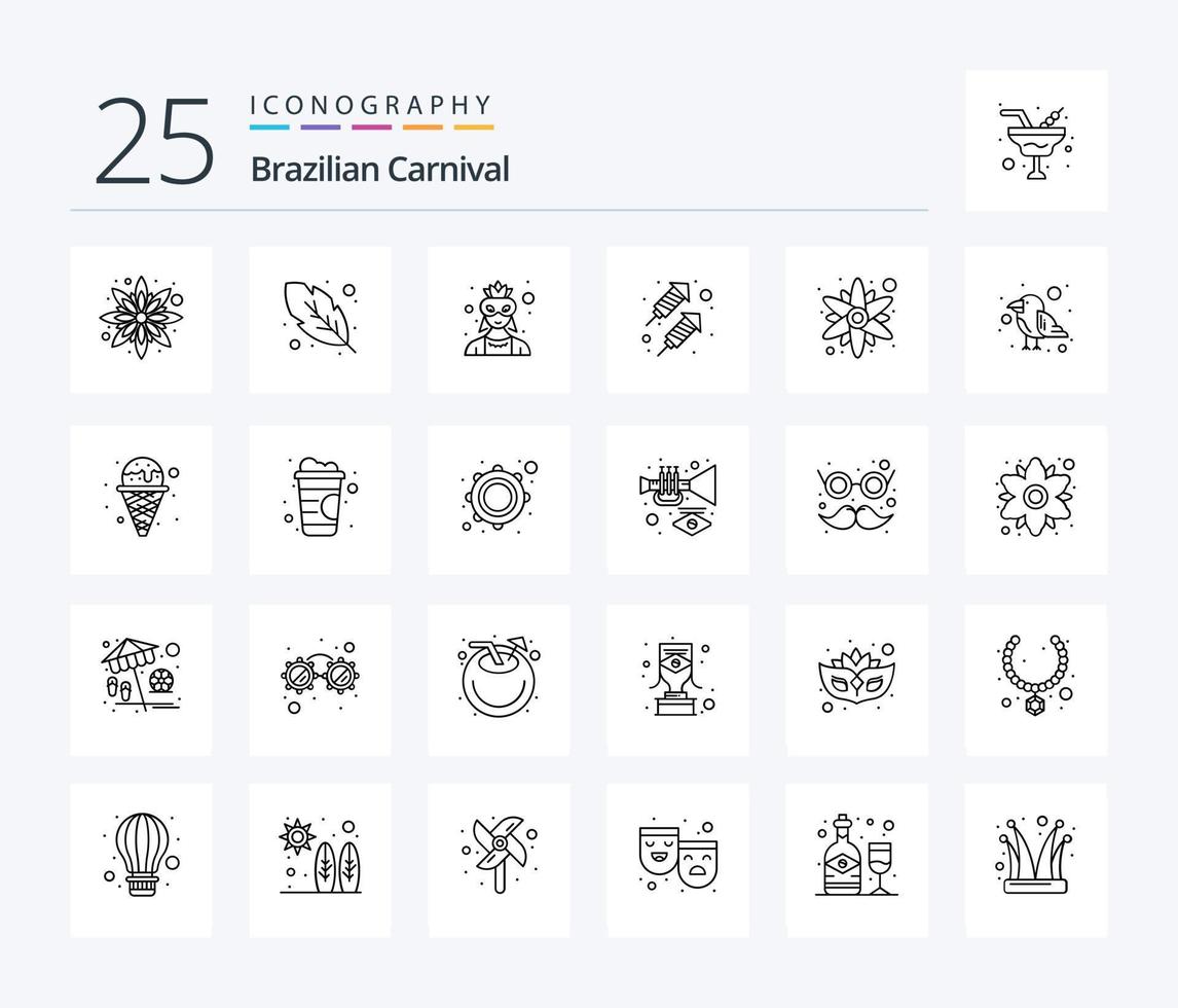 paquete de iconos de 25 líneas de carnaval brasileño que incluye loro. flor de sol personaje. flor. Fuegos artificiales vector