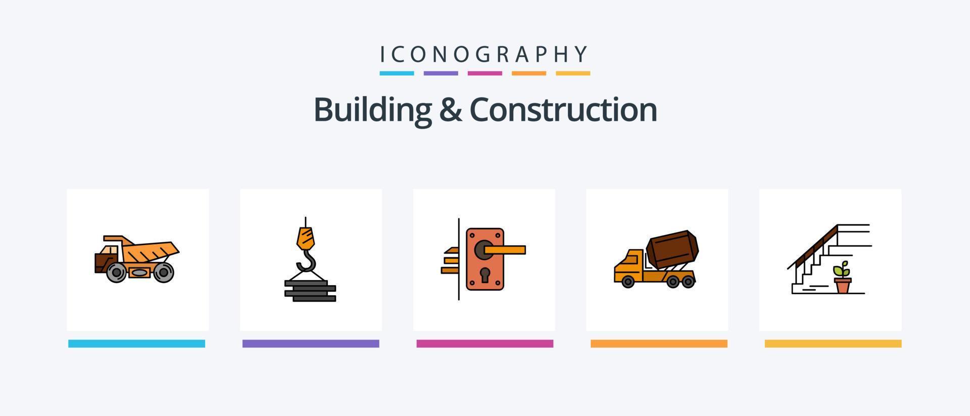 la línea de construcción y construcción llenó el paquete de 5 iconos, incluida la máquina. perforar. herramientas. supervisor. avatar. diseño de iconos creativos vector