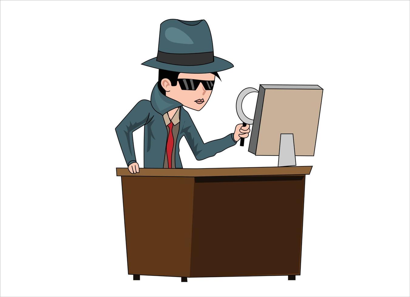 PC search man snoop detective magnifying glass tec agent online design cartoon vector illustration