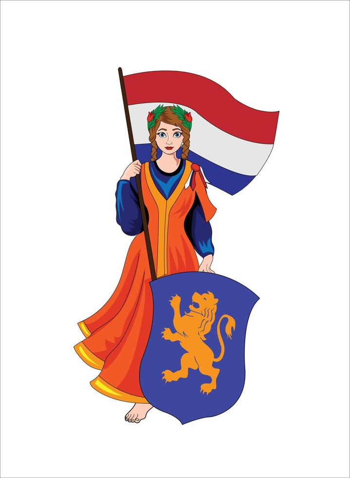 niña holandesa sosteniendo la bandera y el escudo ilustración vectorial vector