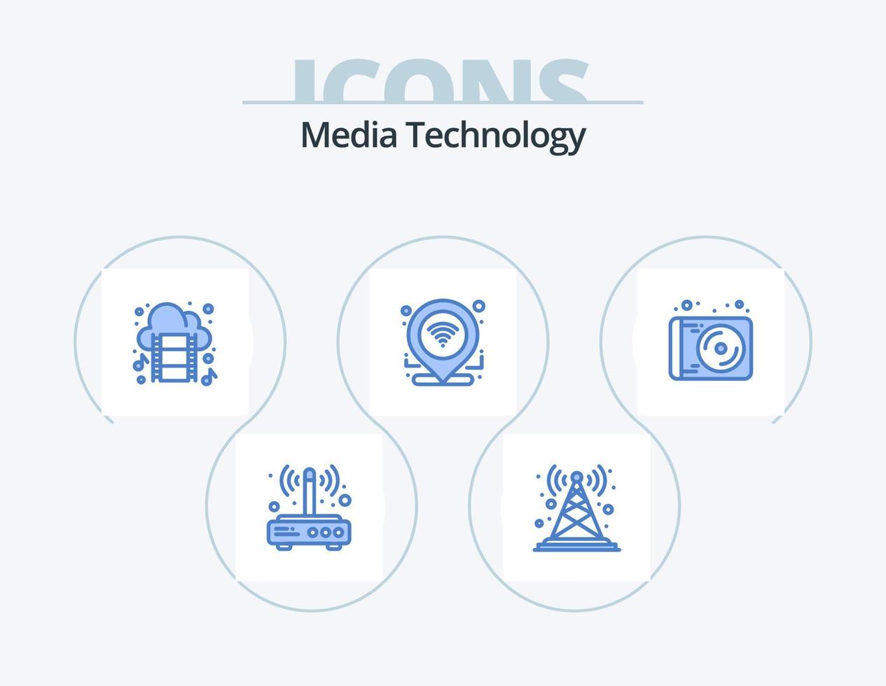 tecnología de medios icono azul paquete 5 diseño de iconos. conexión. GPS. torre. registrarse. película vector
