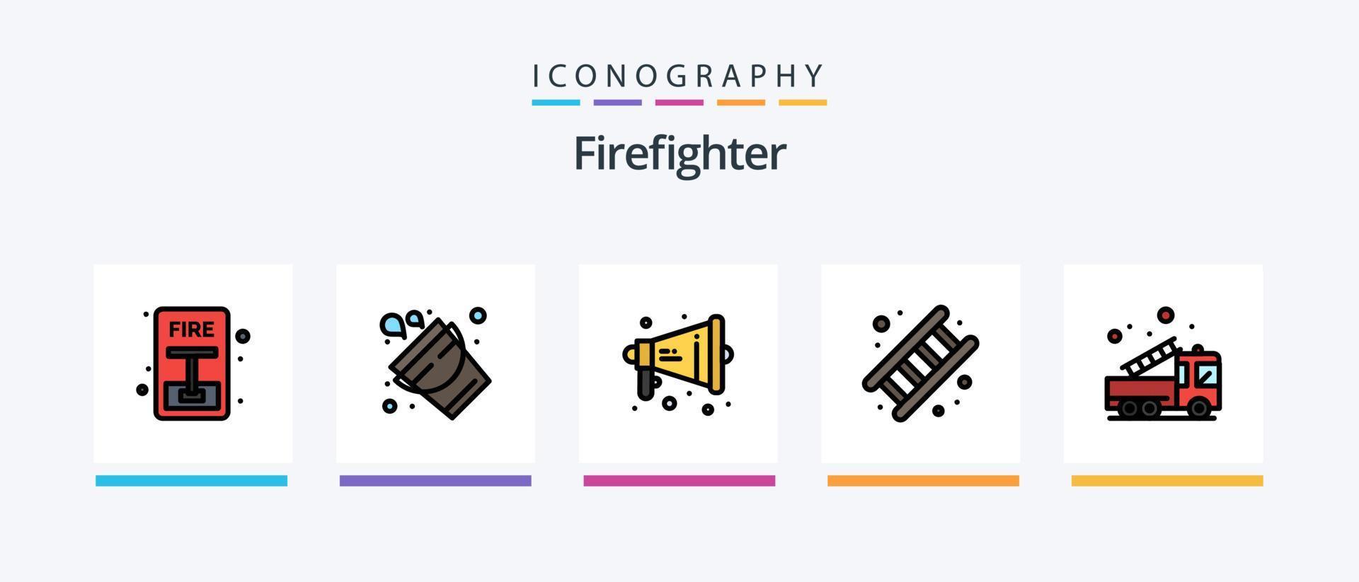 la línea de bomberos llenó el paquete de 5 íconos, incluido el trabajo. fuego. cámping. firmar. bloquear. diseño de iconos creativos vector