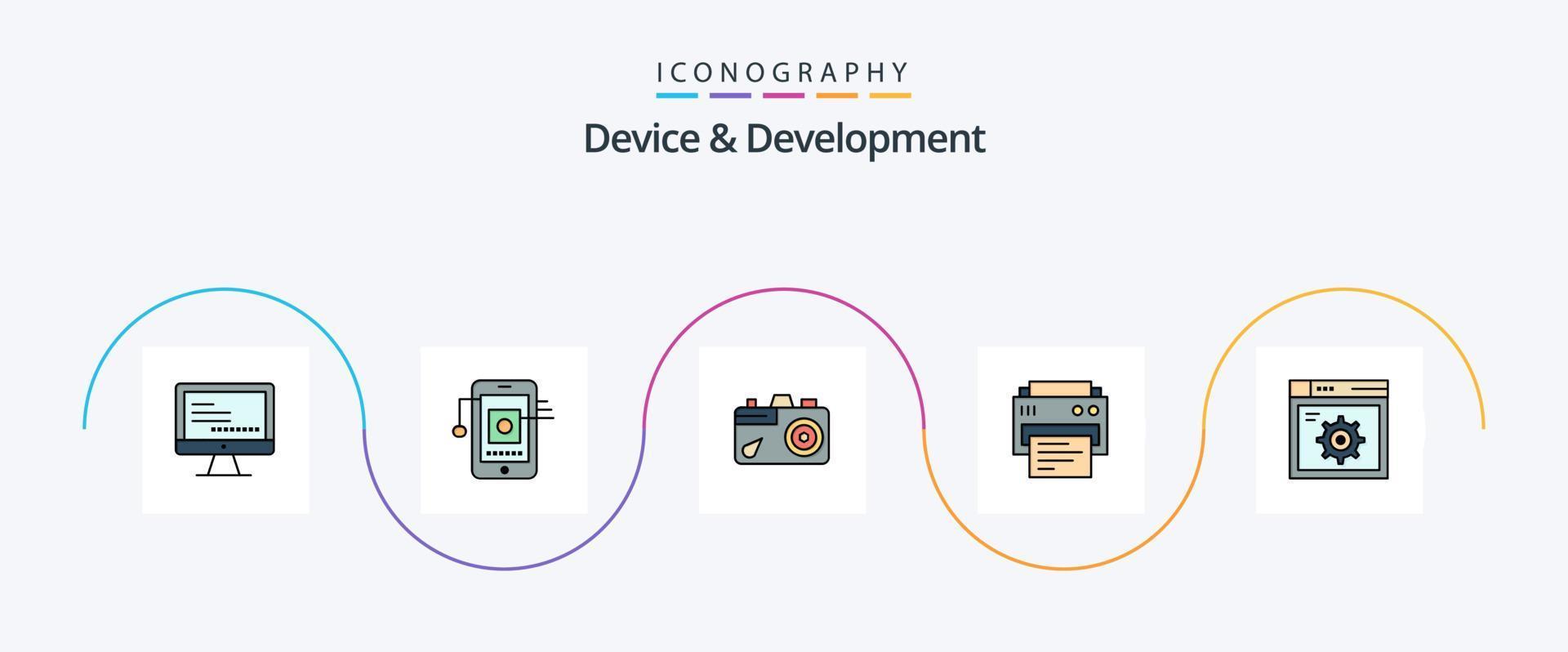 el dispositivo y la línea de desarrollo llenaron el paquete de iconos planos 5 que incluye la configuración. educación. cámara. impresión. impresora vector