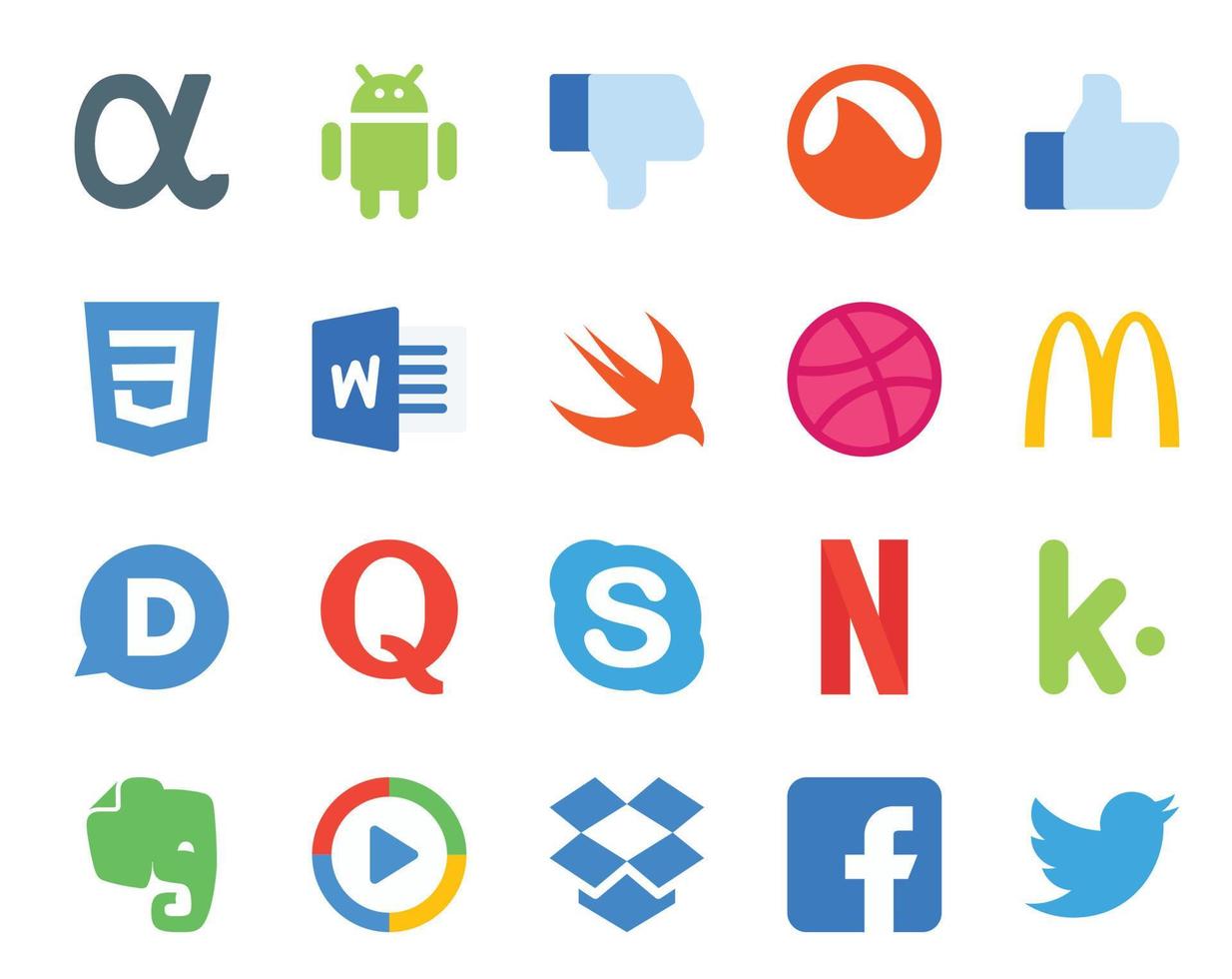 Paquete de 20 íconos de redes sociales, incluida la pregunta de chat de regate de netflix de evernote vector