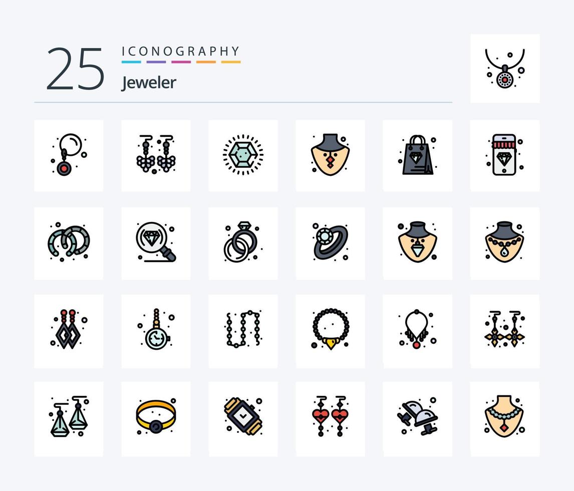 Jewellery 25 Line Filled icon pack including earrings. diamond. gem. mobile. bag vector