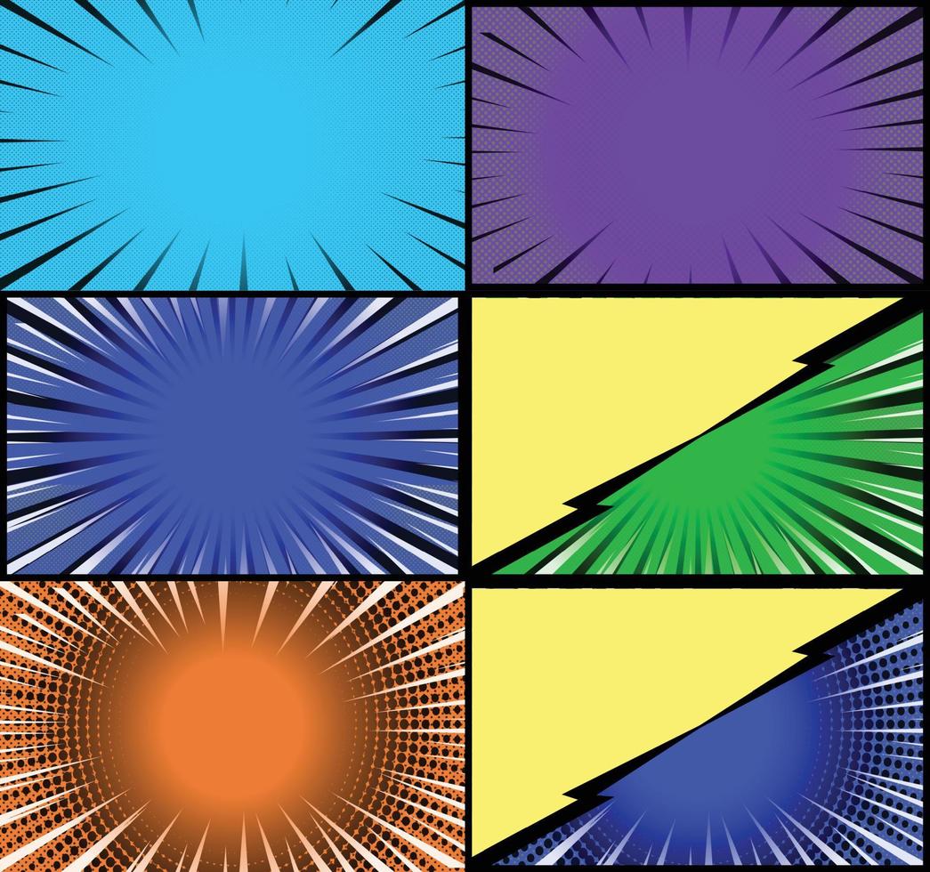 Comic book colorful frames background with halftone rays radial and dotted effects pop art style vector