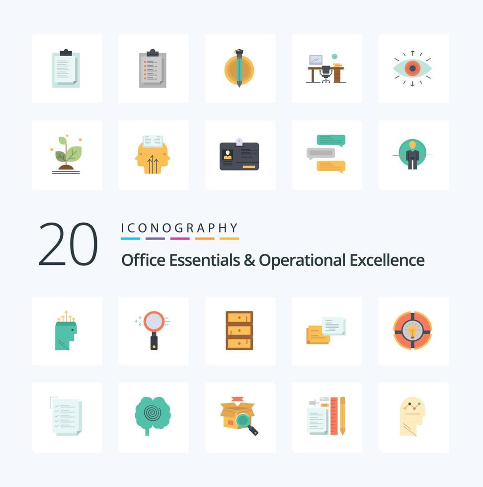 20 Office Essentials And Operational Exellence Flat Color icon Pack like pie popup safe message chat vector