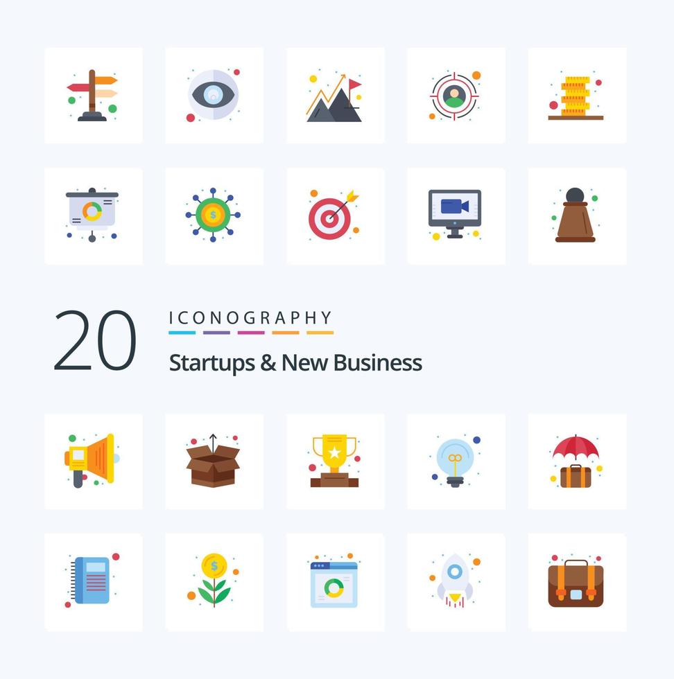 Paquete de iconos de color plano de 20 nuevas empresas y nuevos negocios como luz de maletín de ganador de caso de oficina vector