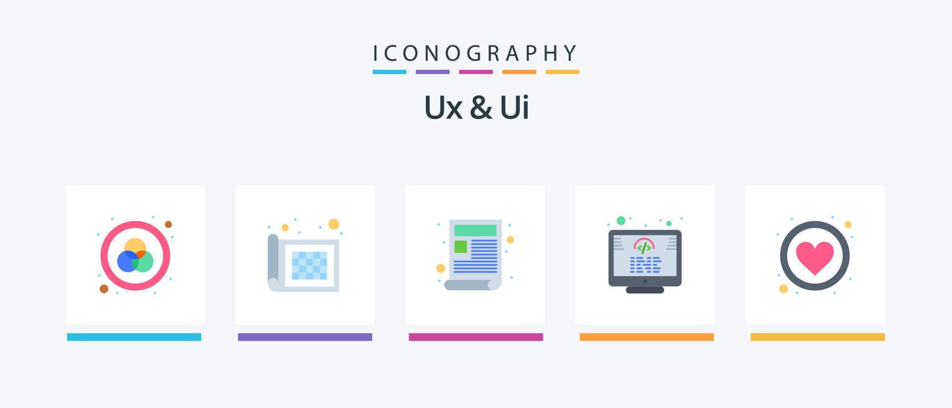 Ux And Ui Flat 5 Icon Pack Including like. app. page. favorite. development. Creative Icons Design vector