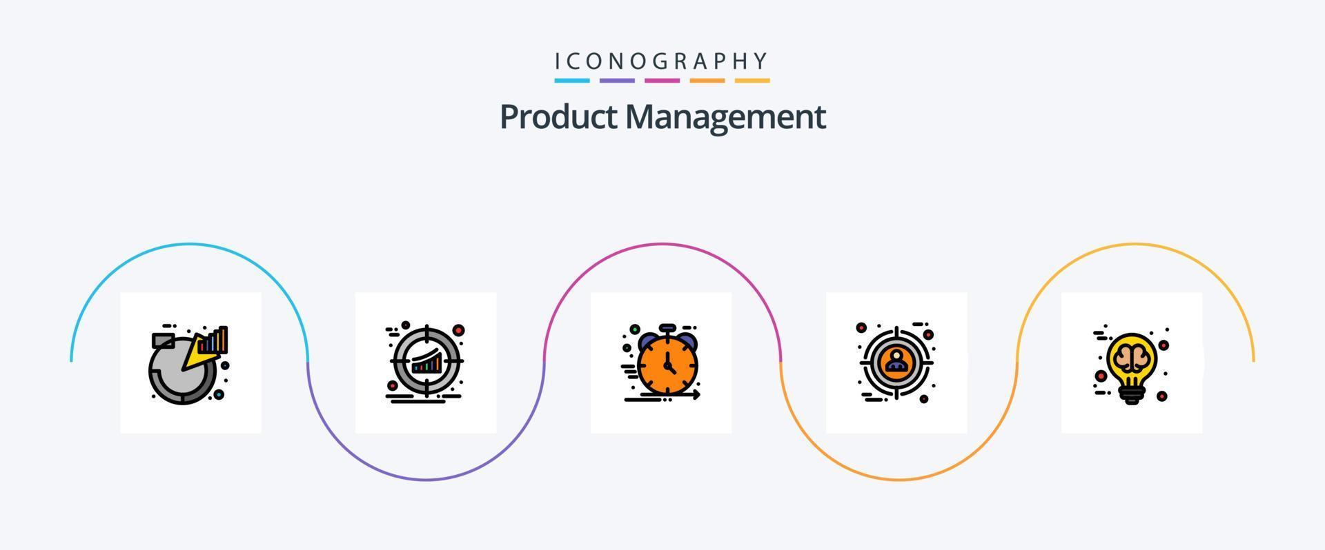 la línea de gestión de productos llenó el paquete de iconos planos 5 que incluye el objetivo. enfocar. producto. gestión. negocio vector