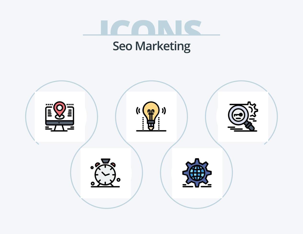 línea de marketing seo paquete de iconos llenos 5 diseño de iconos. investigación. llave. descuento. medalla. premio vector