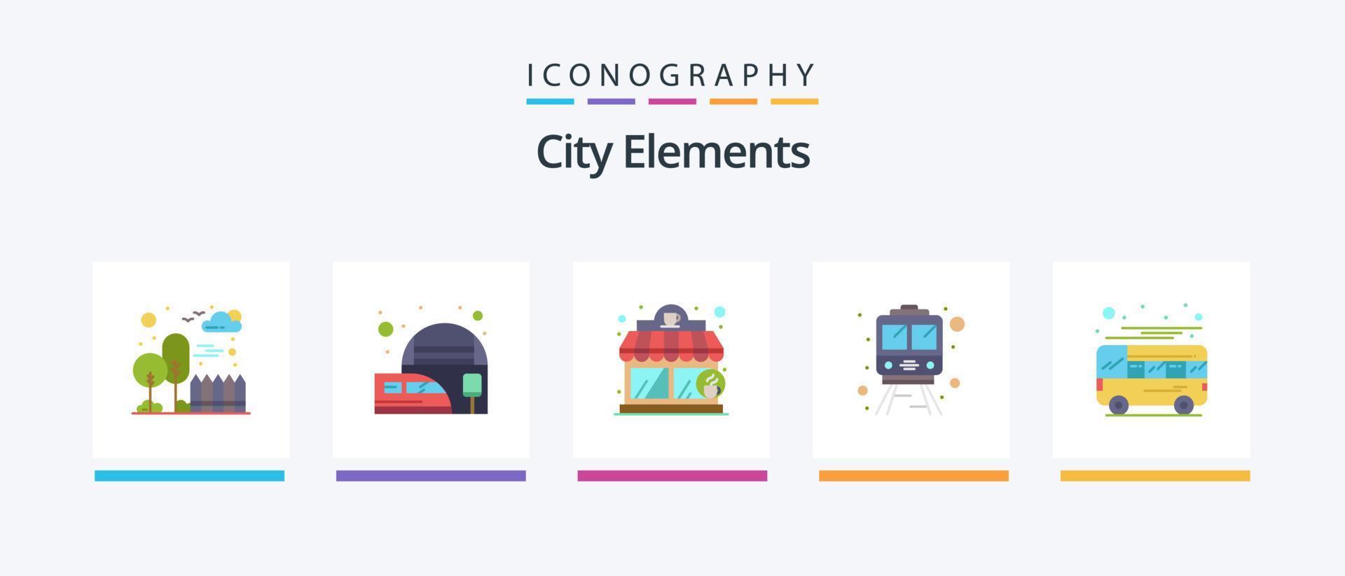 paquete de iconos flat 5 de elementos de la ciudad que incluye local. autobús. cafetería. autobus tren. diseño de iconos creativos vector