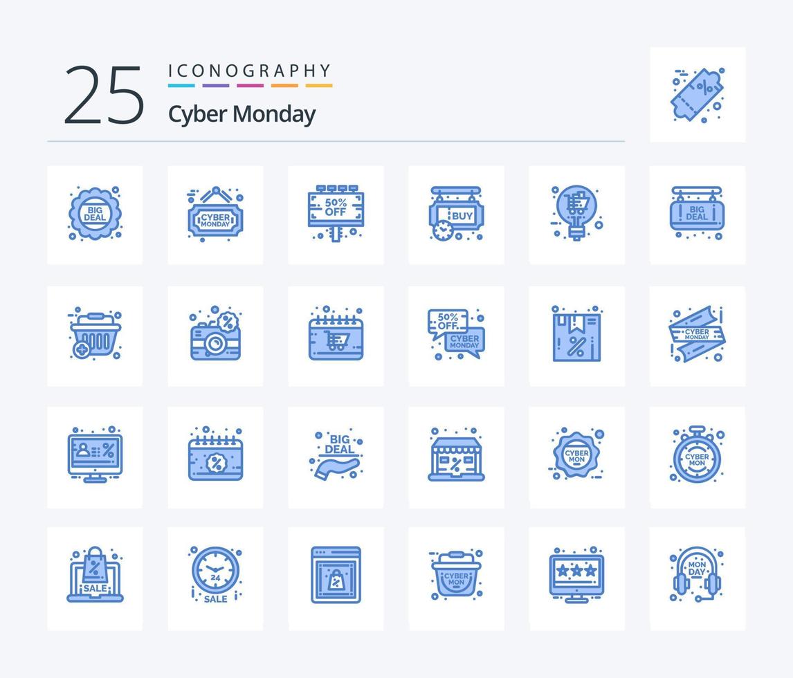 Cyber Monday 25 paquete de iconos de color azul que incluye venta minorista. compras. junta. pendiente. letrero vector